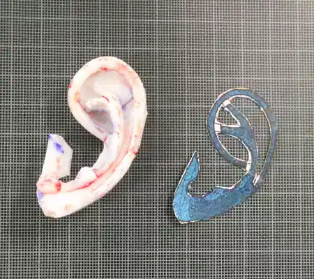2023年1月31日 耳垂残存型小耳症の肋軟骨移植術作成した3次元肋軟骨フレームと紙型。
